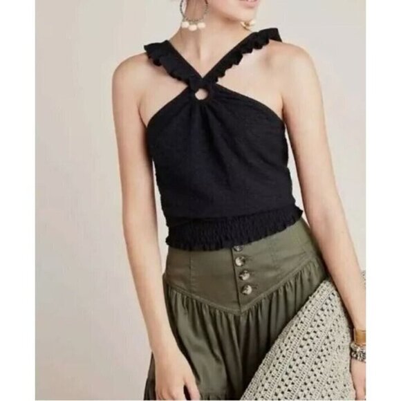 Anthropologie Top Womens XL Black Marisol Ruffled Halter Textured Boho Peasant - Picture 1 of 10
